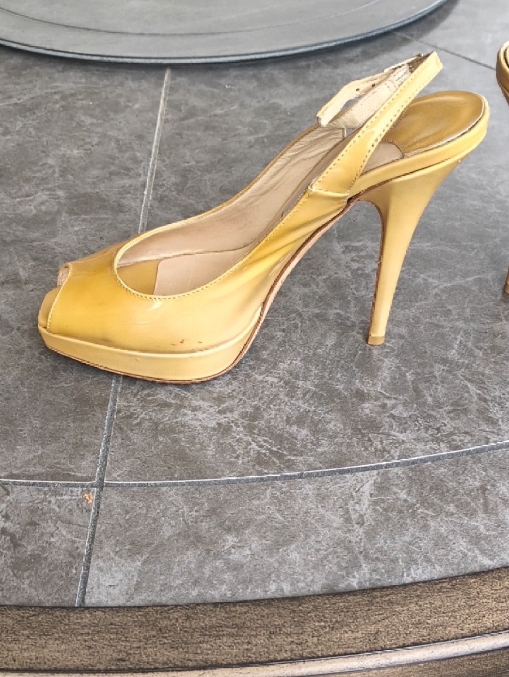 Jimmy Choo Yellow Patent Leather Peep-Toe Slingback Heels - Picture 2 of 6